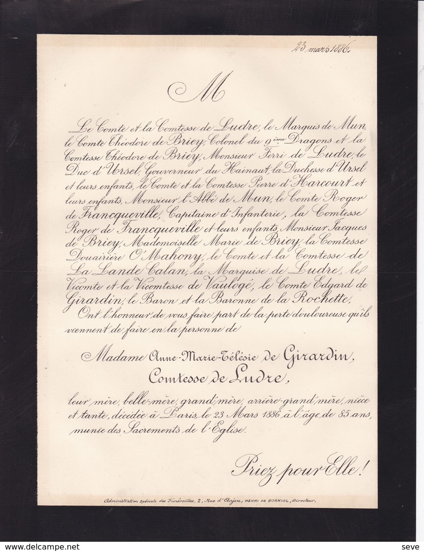 PARIS Anne De GIRARDIN Comtesse De LUDRE 85 Ans 1886 Famille De BRIEY D'ETHE De MUN D'URSEL De VAULOGE - Esquela