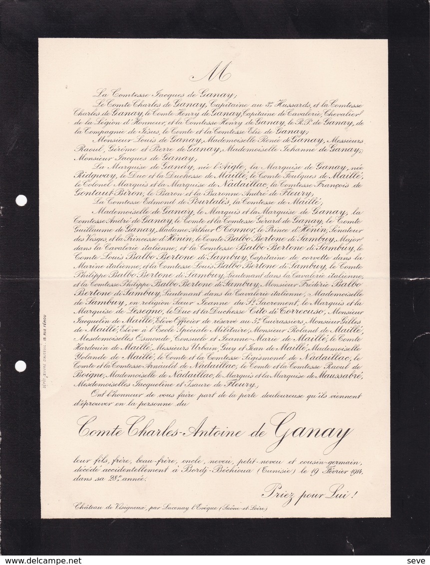 TUNISIE Comte Charles De GANAY 28 Ans 1914 Château De VISIGNEUX Par LUCENAY Mort à BORDJ-BECHIOUA - Décès