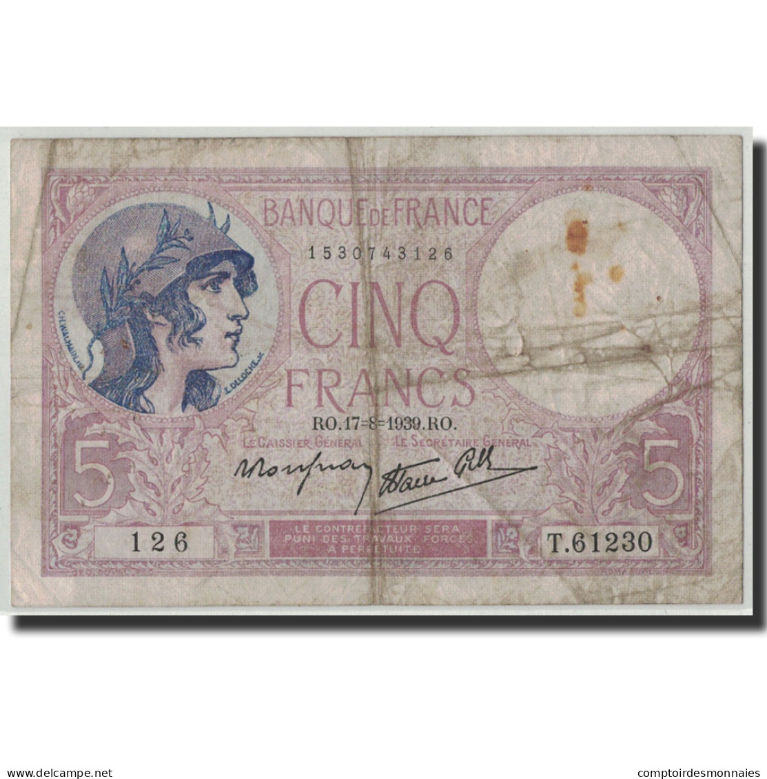 France, 5 Francs, 5 F 1917-1940 ''Violet'', 1939, 1939-08-17, B, Fayette:4.6 - 5 F 1917-1940 ''Violet''