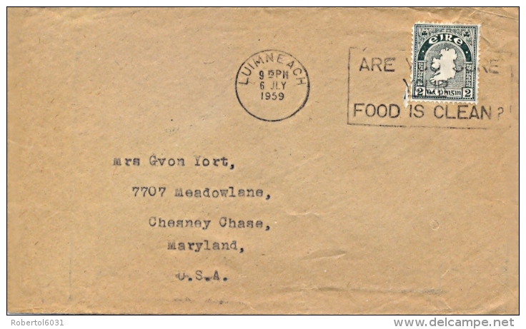 Eire Ireland 1959 Cover From Luimneach To USA With 2 P. + Machine Cancellation Food Clean - Storia Postale