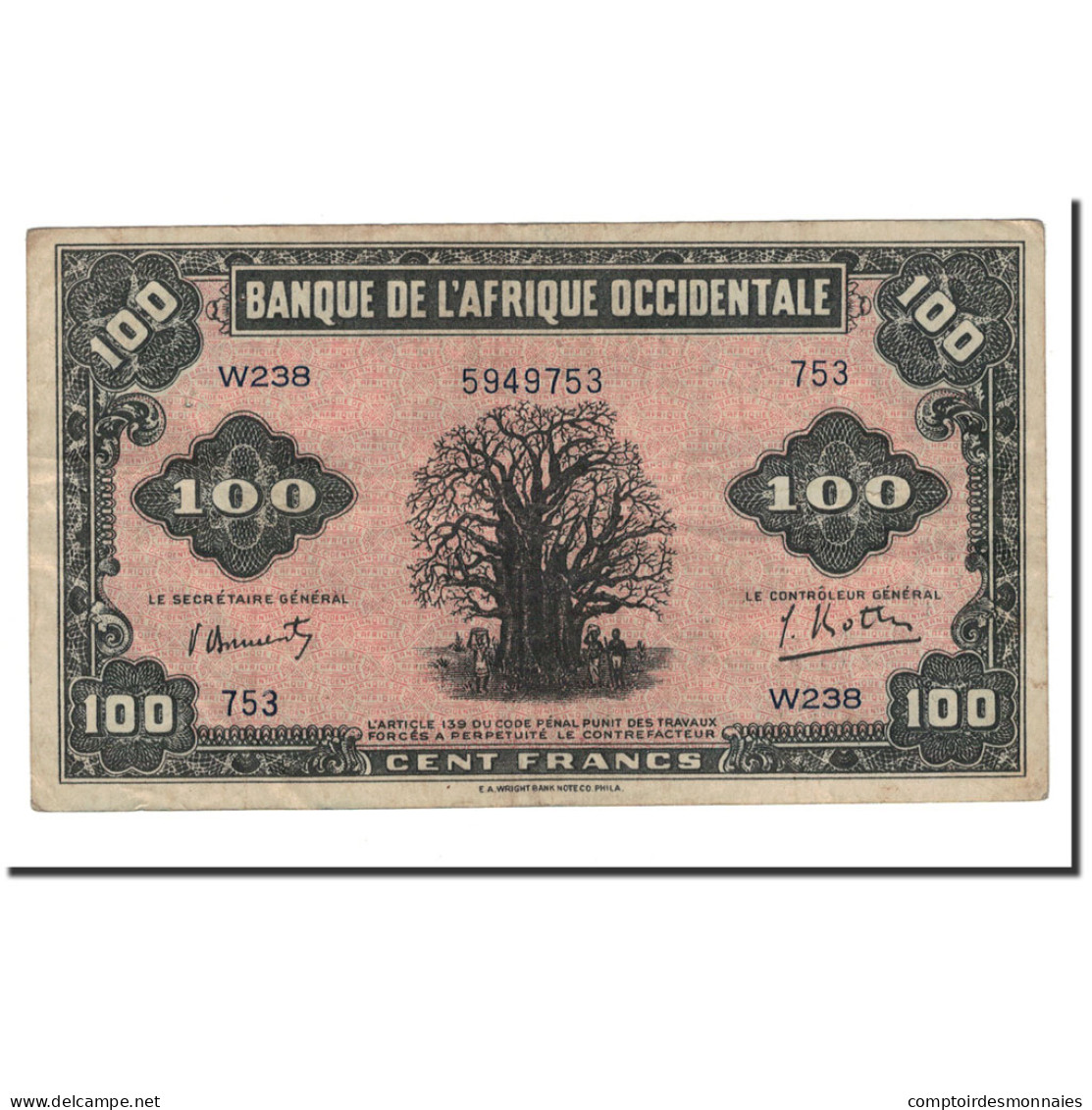 Billet, French West Africa, 100 Francs, 1942, 1942-12-14, KM:31a, TTB - West African States