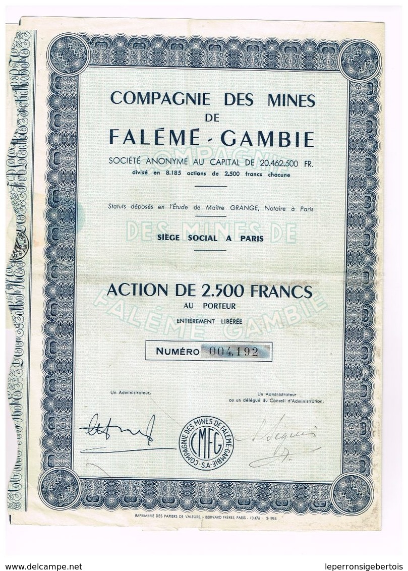 Action Ancienne - Compagnie Des Mines De Falémé-Gambie - Titre De 1955 - Mines