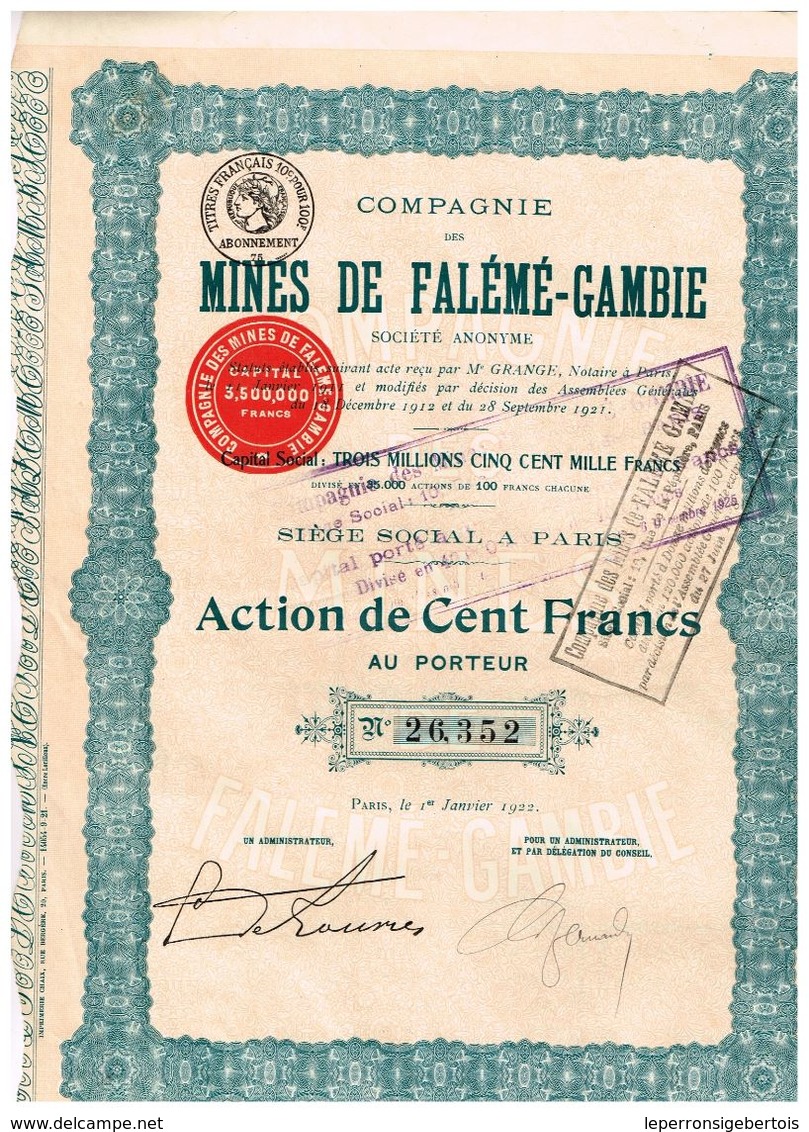 Action Ancienne - Compagnie Des Mines De Falémé-Gambie - Titre De 1922 - Mijnen