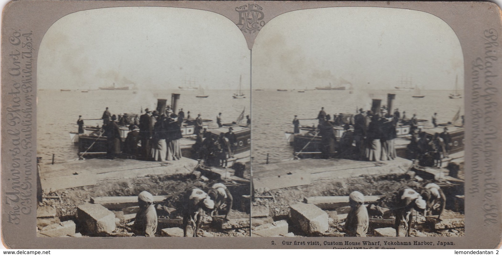 PHOTO STÉRÉO Japon, Japan - Our First Visit, Custom House Wharf , Yokohama Harbour 1902 - Visionneuses Stéréoscopiques