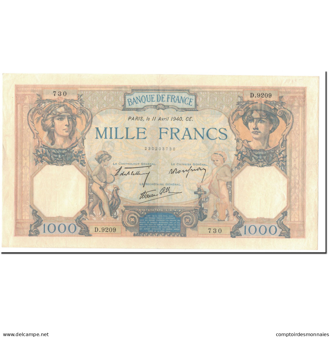 France, 1000 Francs, 1940, 1940-04-11, TTB+, Fayette:38.45, KM:90c - 1 000 F 1927-1940 ''Cérès Et Mercure''