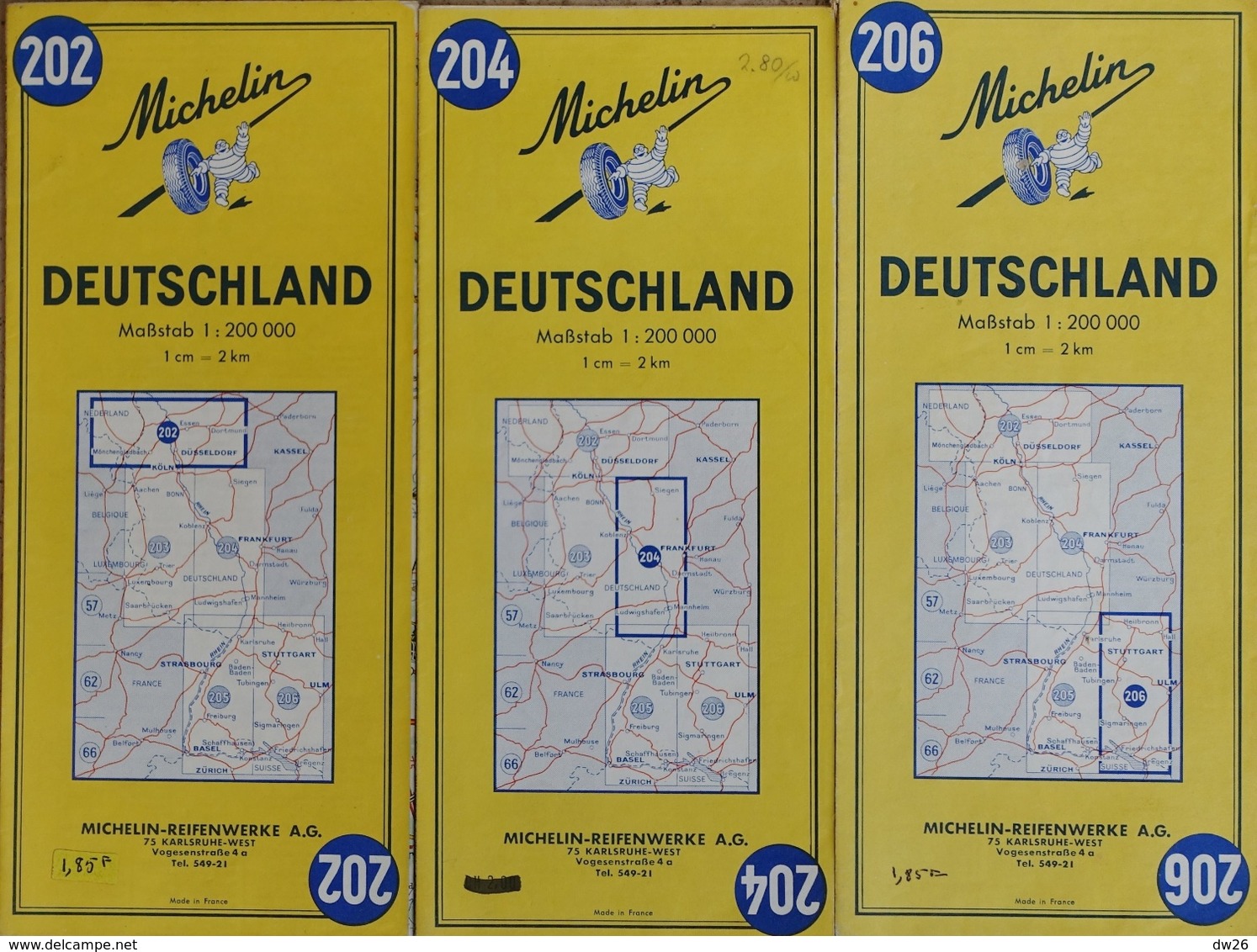 Carte Routière Michelin Deutschland (Allemagne) - Lot De 3 Cartes N° 202, 204, 206 Au 1/20.000e - Cartes Routières