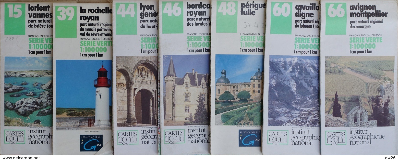 Carte Routière IGN Série Verte - Lot De 7 Cartes N° 15, 39, 44, 46, 48, 60, 66 Au 1/100.000e - Cartes Routières