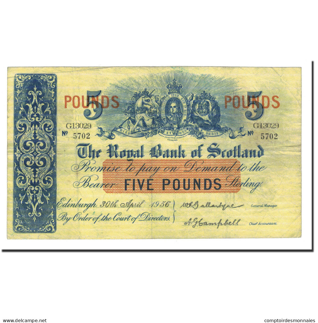 Billet, Scotland, 5 Pounds, 1956, 1956-04-30, KM:323c, TTB - 5 Pond