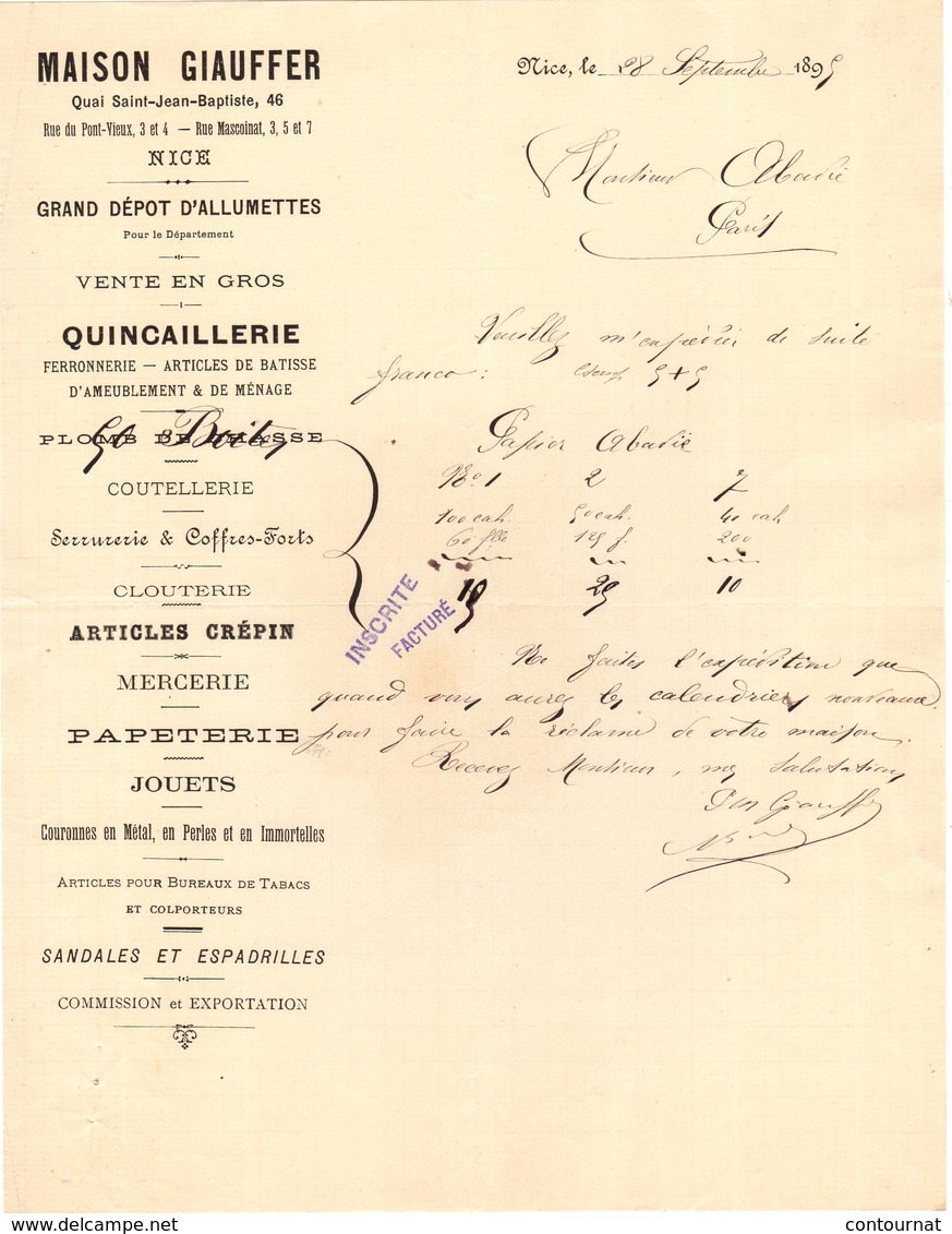 06 NICE COURRIER 1895  Quincaillerie  Grand Dépôt D' Allumettes MAISON GIAUFFER   *  Z70 - 1800 – 1899