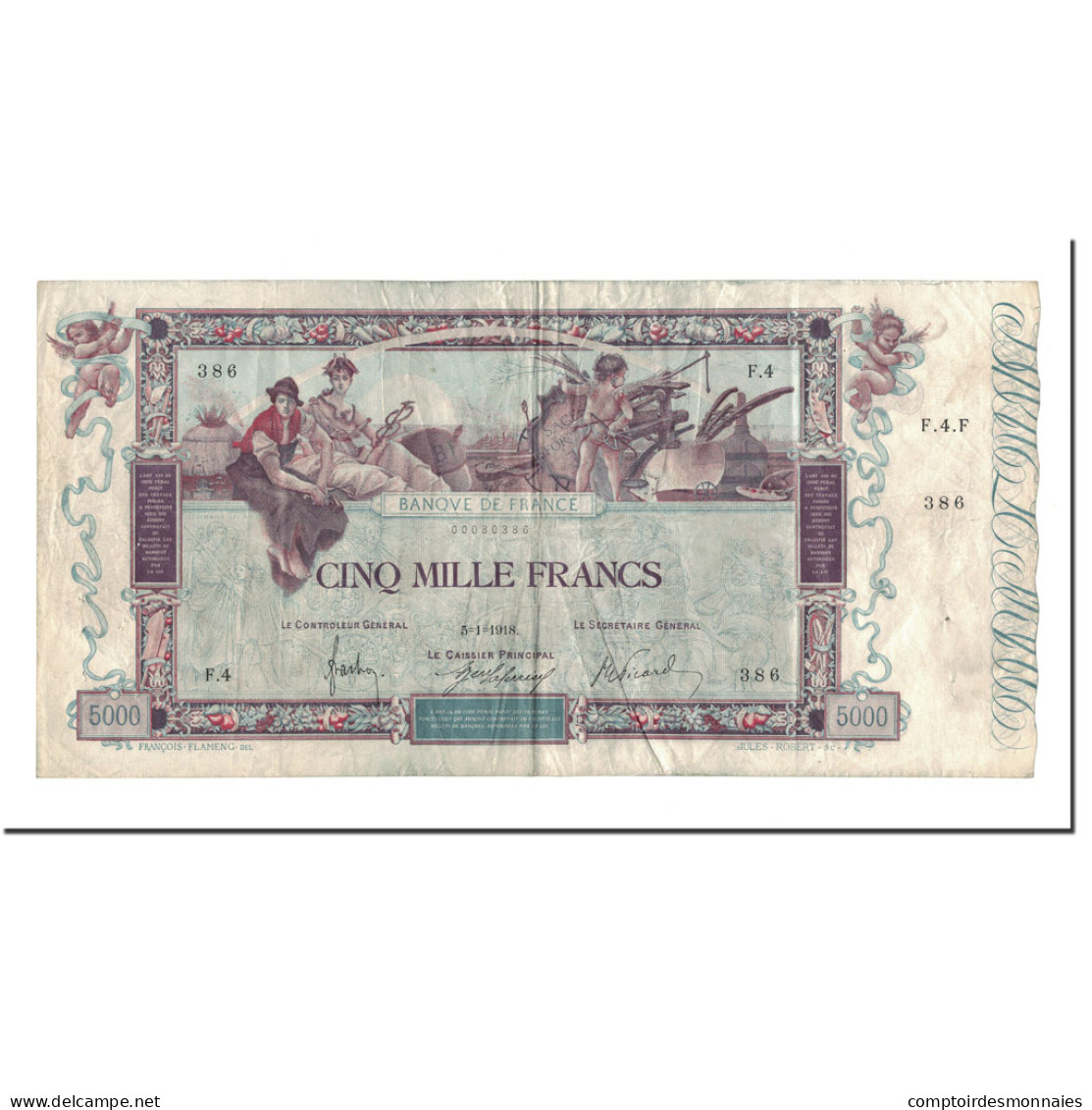 France, 5000 Francs, 5 000 F 1918 ''Flameng'', 1918, 1918-01-28, TB+ - 5 000 F 1918 ''Flameng''