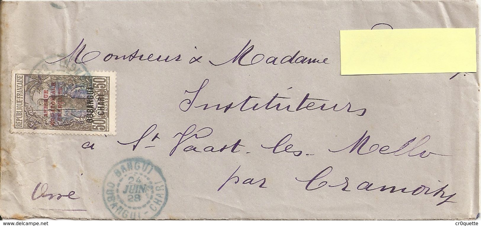 1928 - ENVELOPPE TIMBREE  POUR LA FRANCE AVEC SURCHARGE AFRIQUE EQUATORIALE FRANCAISE - OUBANGUI CHARI ET TAMPON BANGUI - Briefe U. Dokumente