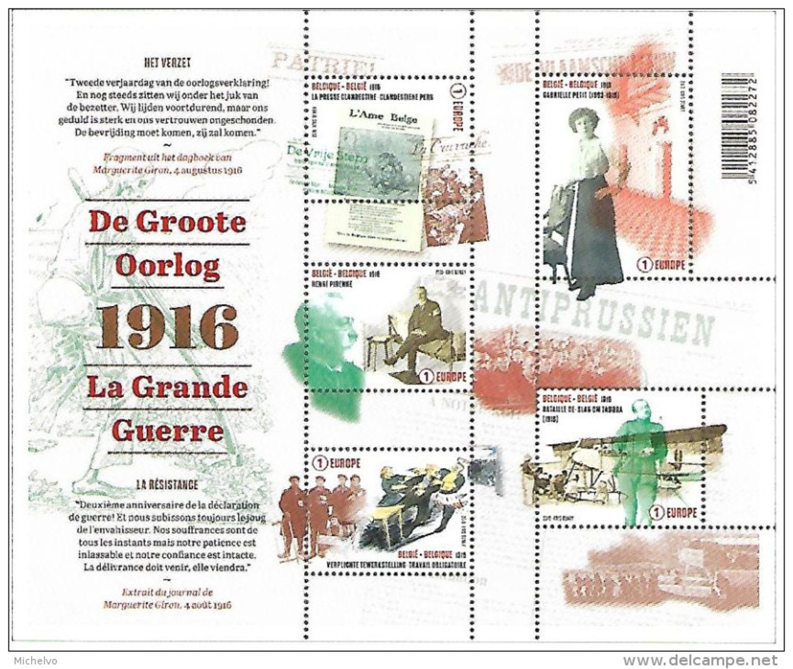 Belg. 2016 - COB N° 4594 à 4598 ** La Grande Guerre - La Résistance  (bloc 236) - Ungebraucht