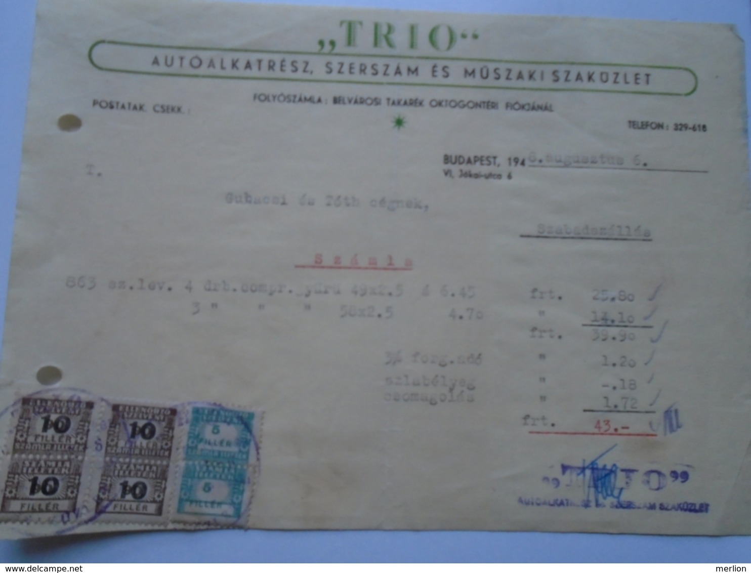 OK22.5  Hungary Invoice   Automotive Spare Parts -TRIO -Budapest 1948 -tax Stamps -Szabadszállás - Other & Unclassified