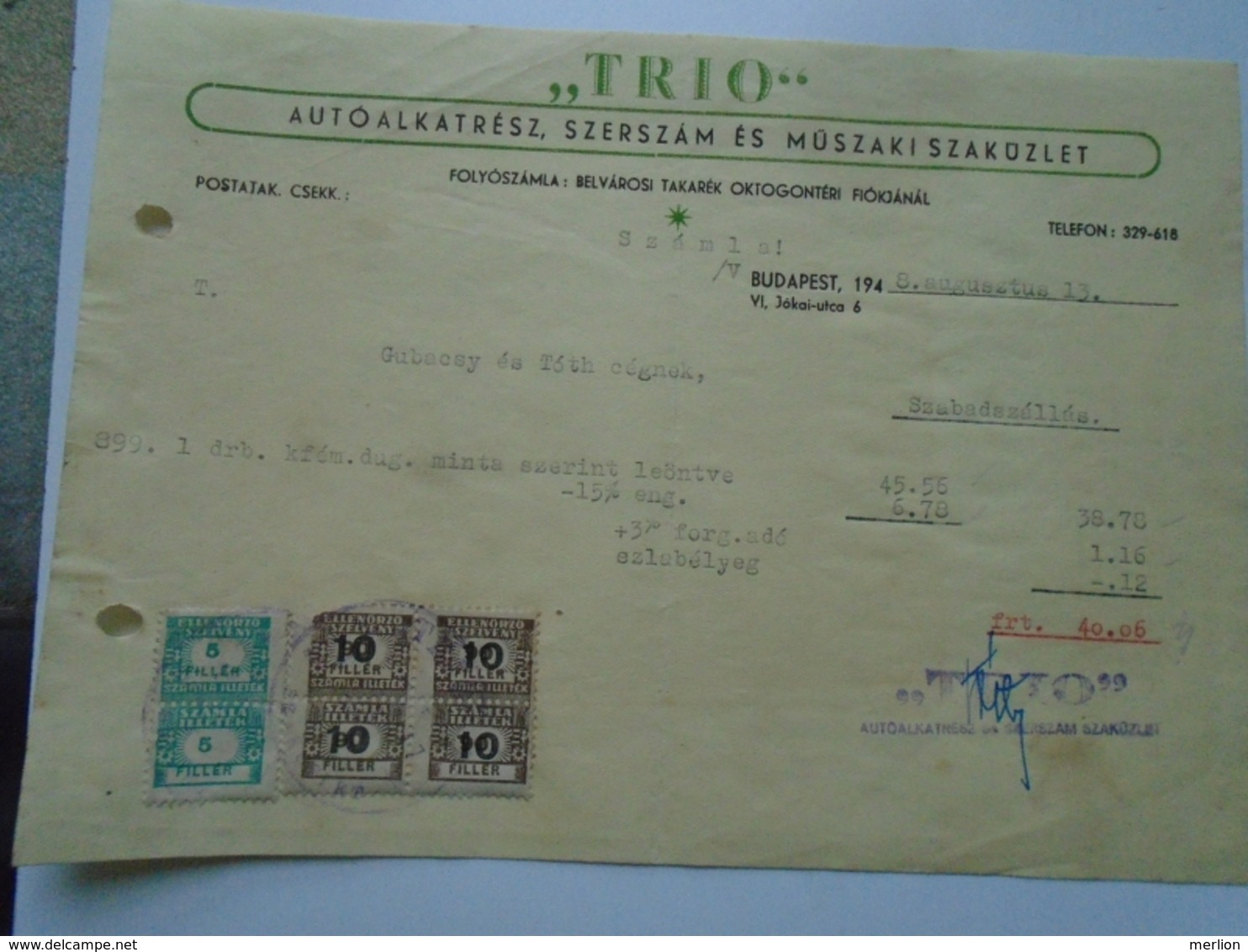 OK22.6  Hungary Invoice   Automotive Spare Parts -TRIO -Budapest 1948 -tax Stamps -Szabadszállás - Otros & Sin Clasificación