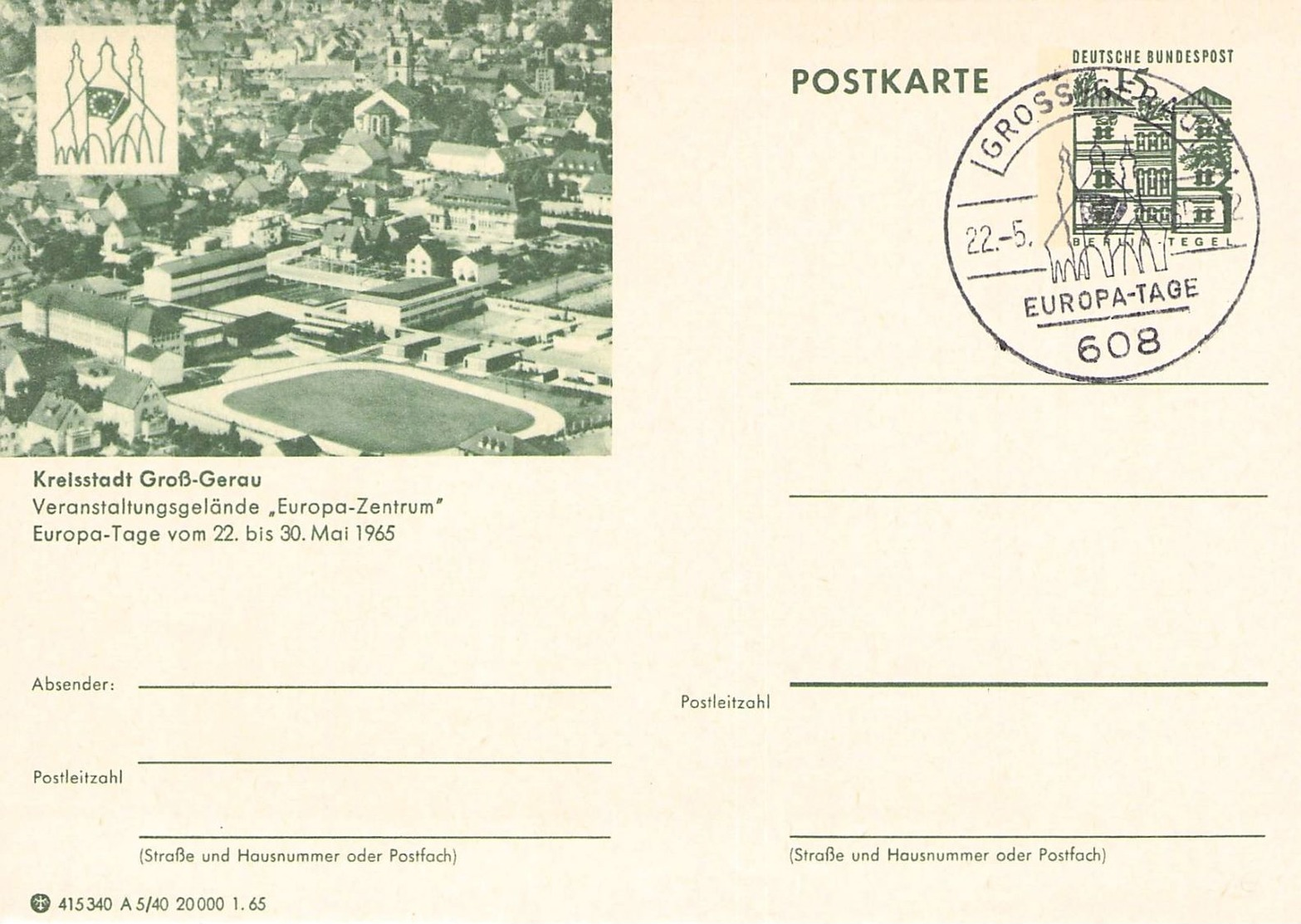 WEST GERMANY - POSTKARTE KREISSTADT GROSS-GERAU EUROPA-TAGE 22.5.1965 - European Ideas