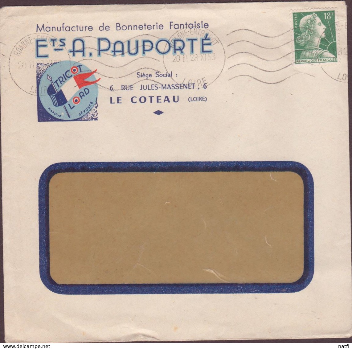 ENVELOPPE TIMBRE 1953 ROANNE ENTREPOT  (LOIRE) - 1921-1960: Modern Period