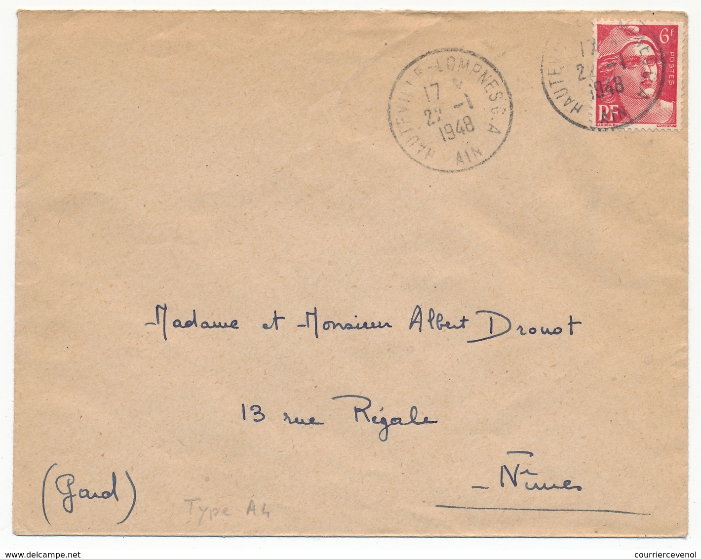 Enveloppe Affr 6F Gandon - Cachet "Hauteville-Lompnes G.A - Ain" 1948 - Cachets Manuels