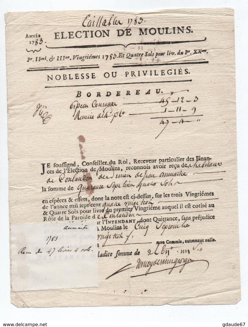 1783 - DOCUMENT ELECTION DE MOULINS (ALLIER) DES TAILLABLES "...HABITANTS DE COULANDON ..." - Documents Historiques