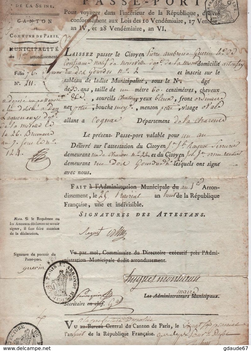 AN 6 - PASSEPORT POUR INTERIEUR DE LA REPUBLIQUE "CITOYEN NATIF De NOISSEVILLE (MOSELLE)... ALLANT A COGNAC (CHARENTE)" - Documentos Históricos