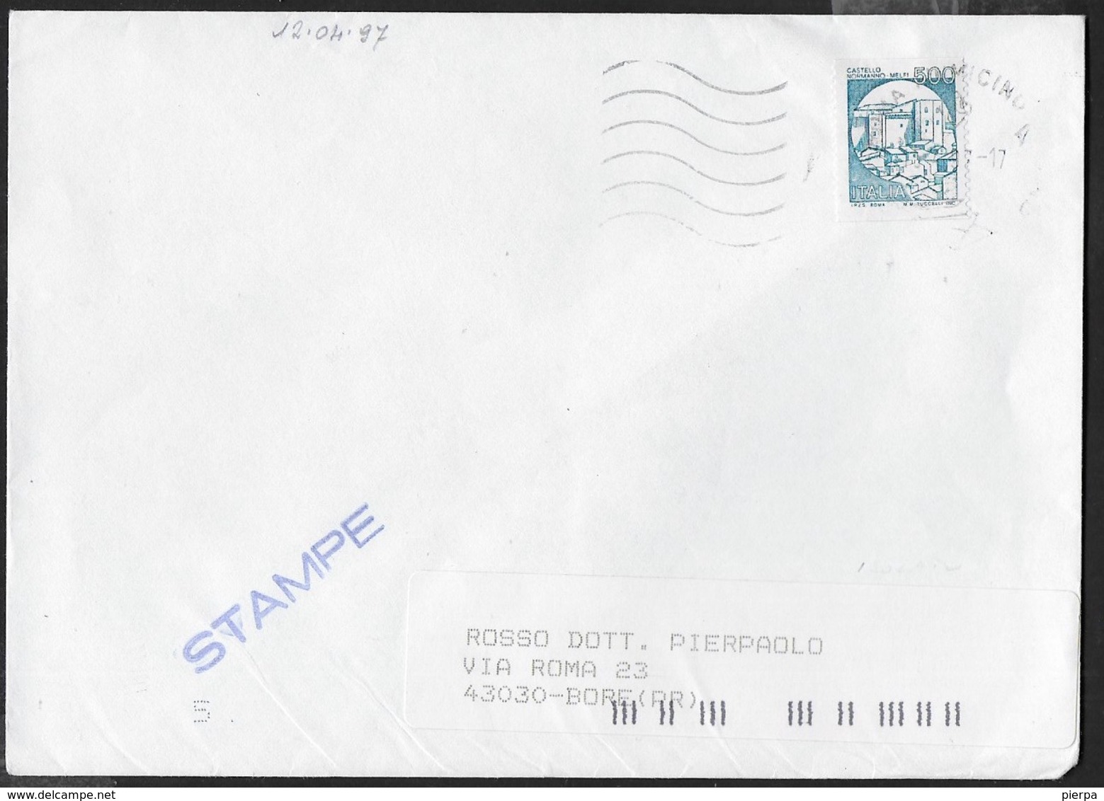 STORIA POSTALE REPUBBLICA  - CASTELLI MACCHINETTE  LIRE 500  ISOLATO SU BUSTA STAMPE DA ROMA FIUMICINO 12.04.1997 - 1991-00: Storia Postale