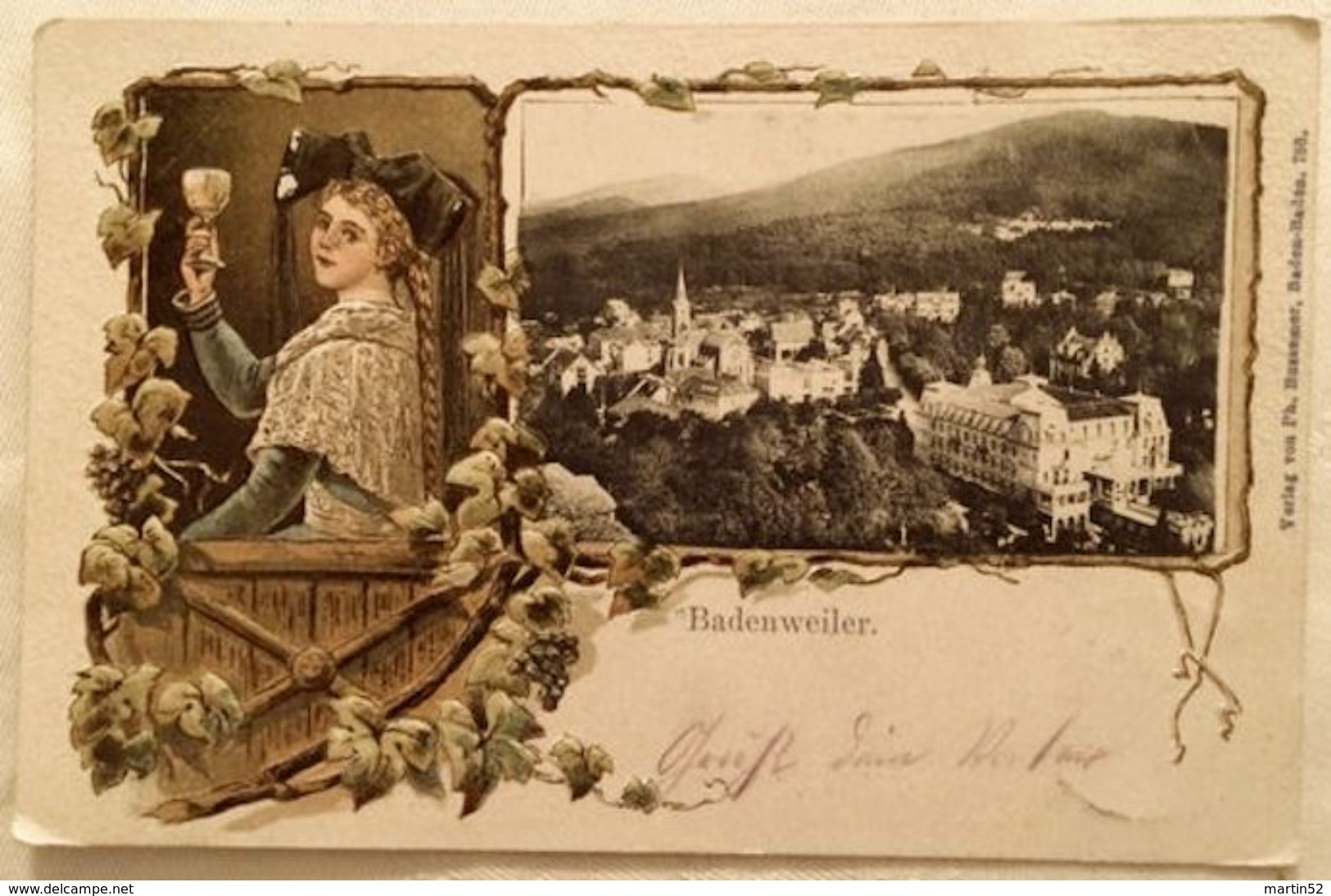Deutsches Reich 1904: Prägekarte "Badenweiler" Trachtenmädel Mit Weinpokal & Stadt-Ansicht Mit O BADENWEILER 28.8.04 - Vins & Alcools