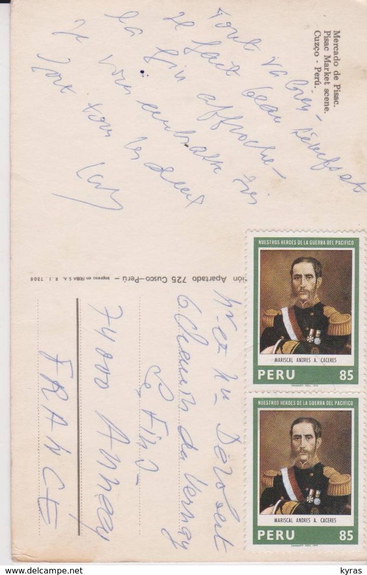 PEROU . PERU 2  Timbres 85  NON OBLITERES "Heroes De La Guerra Del Pacificio Andres A. Caceres " S/ Cpsm Mercado De Pisa - Pérou