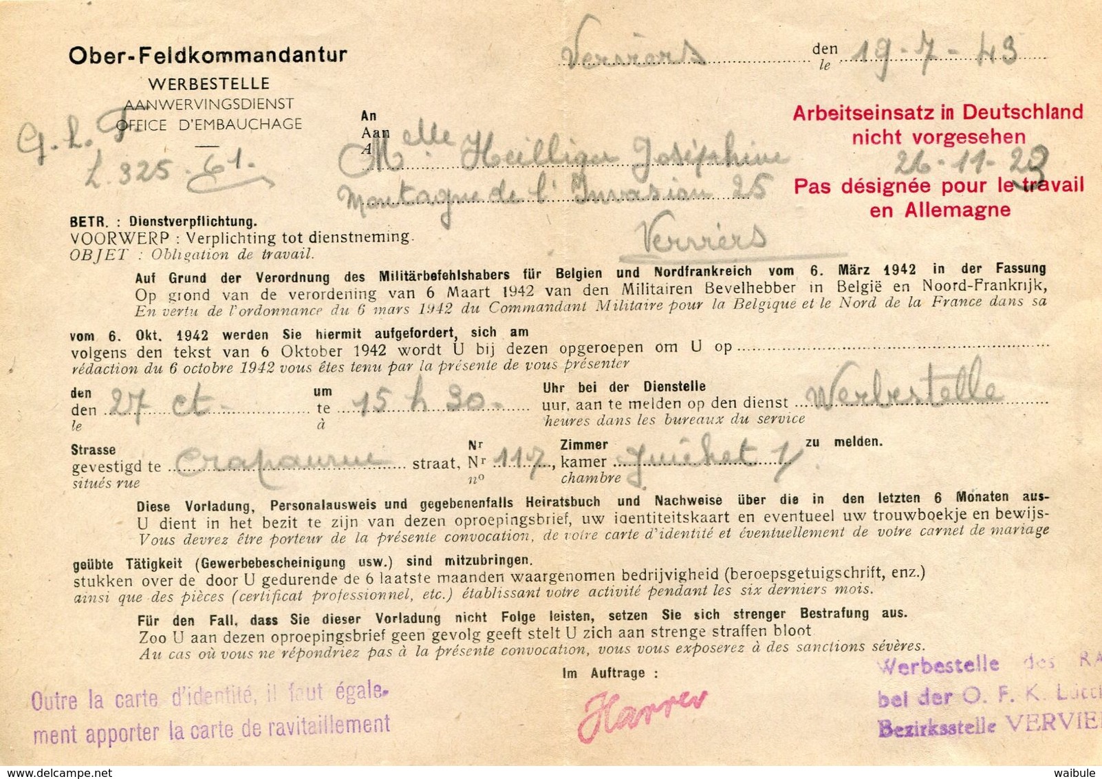 Verviers 1943 Désignation Travail En Allemagne - Documents