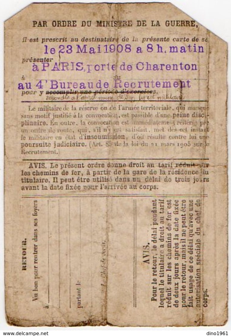 VP11.876 - Militaria - 1908 - VERSAILLES Ordre D'Appel Sous Les Drapeaux Mr H. NEUFCOUR à VILLEMOMBLE - Casques & Coiffures