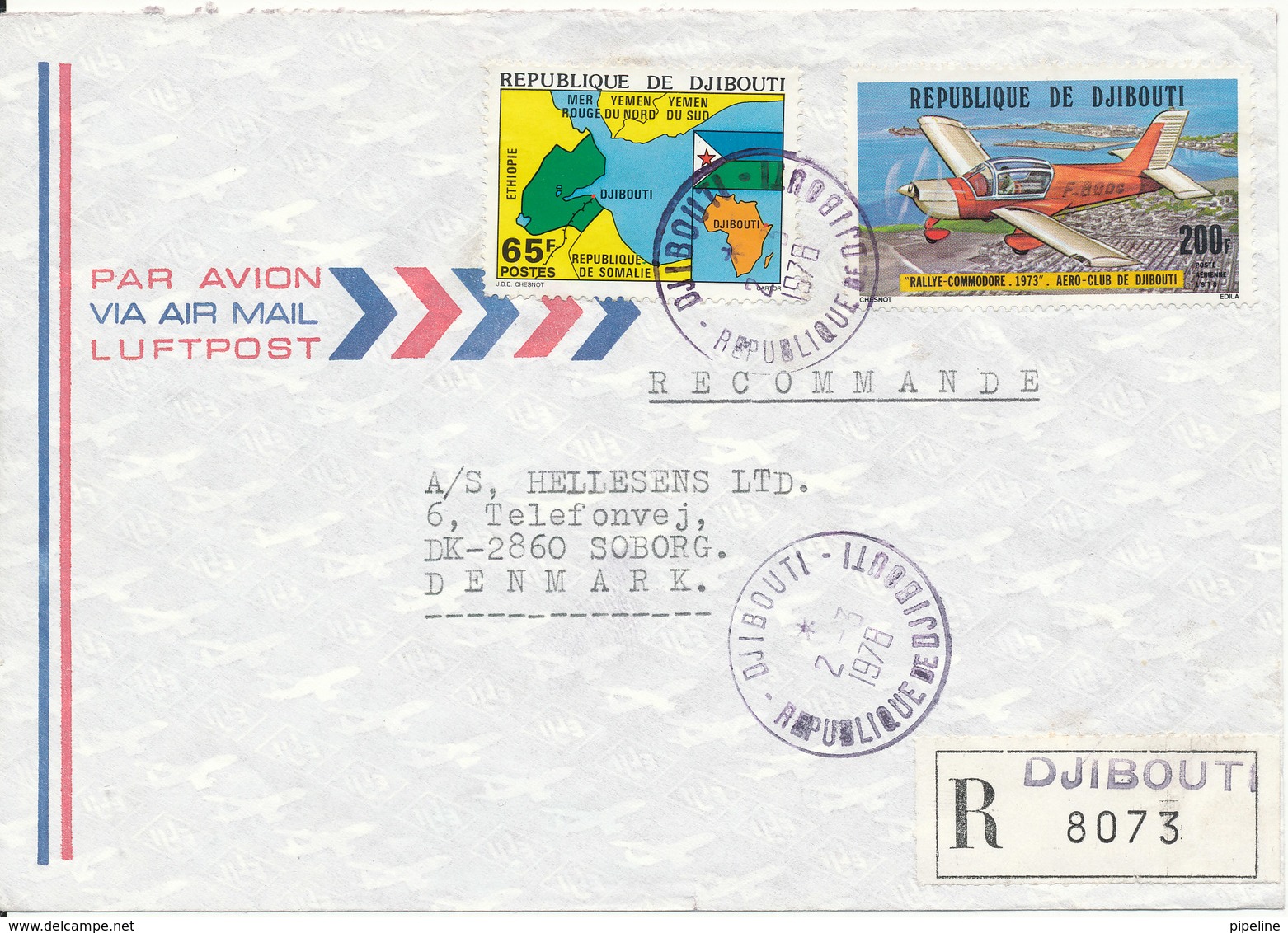 Djibouti Registered Air Mail Cover Sent To Denmark Djibouti 2-3-1978 Nice Postmark - Djibouti (1977-...)