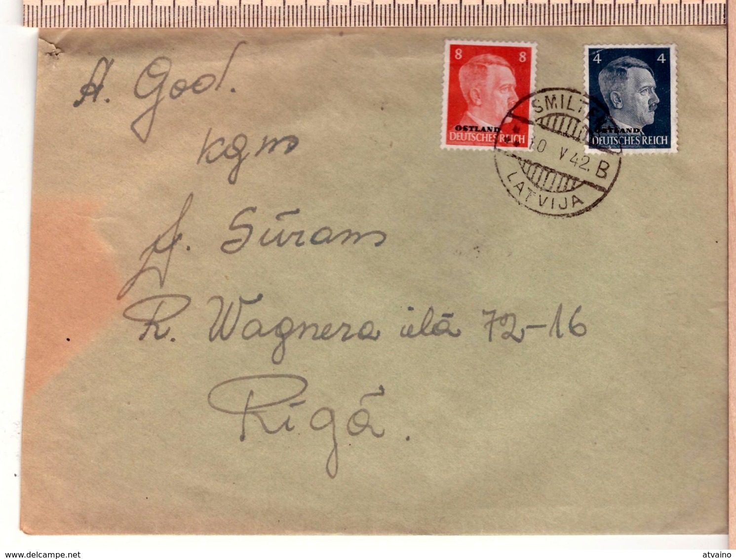 Latvia Lettland Cover In German Time To Riga With Cancel SMILTENE "B" 10.5.1942 - Lettonie