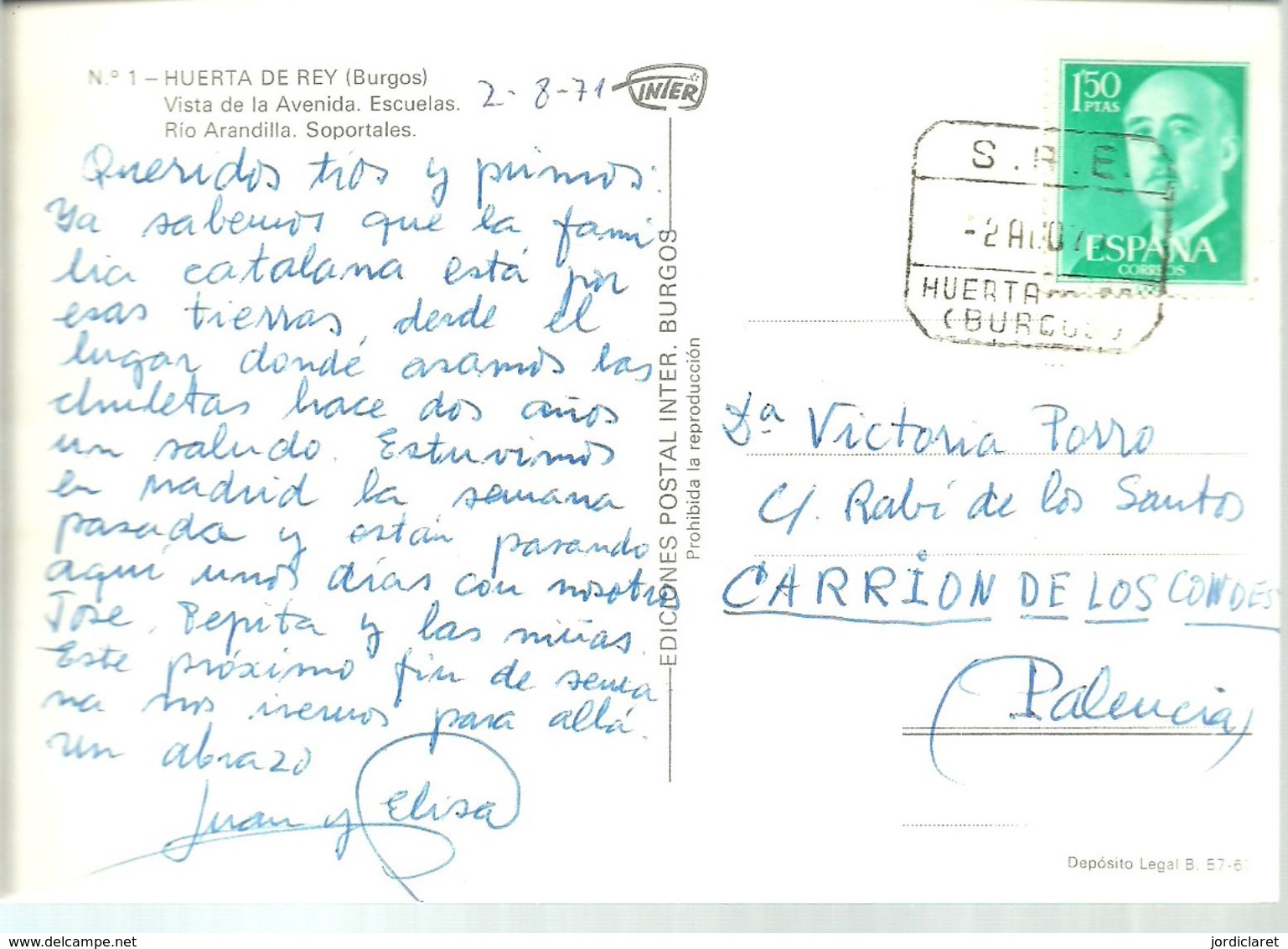 POSTAL 1971 MATASELLOS S.P.E  HUERTA DEL REY  BURGOS - Storia Postale