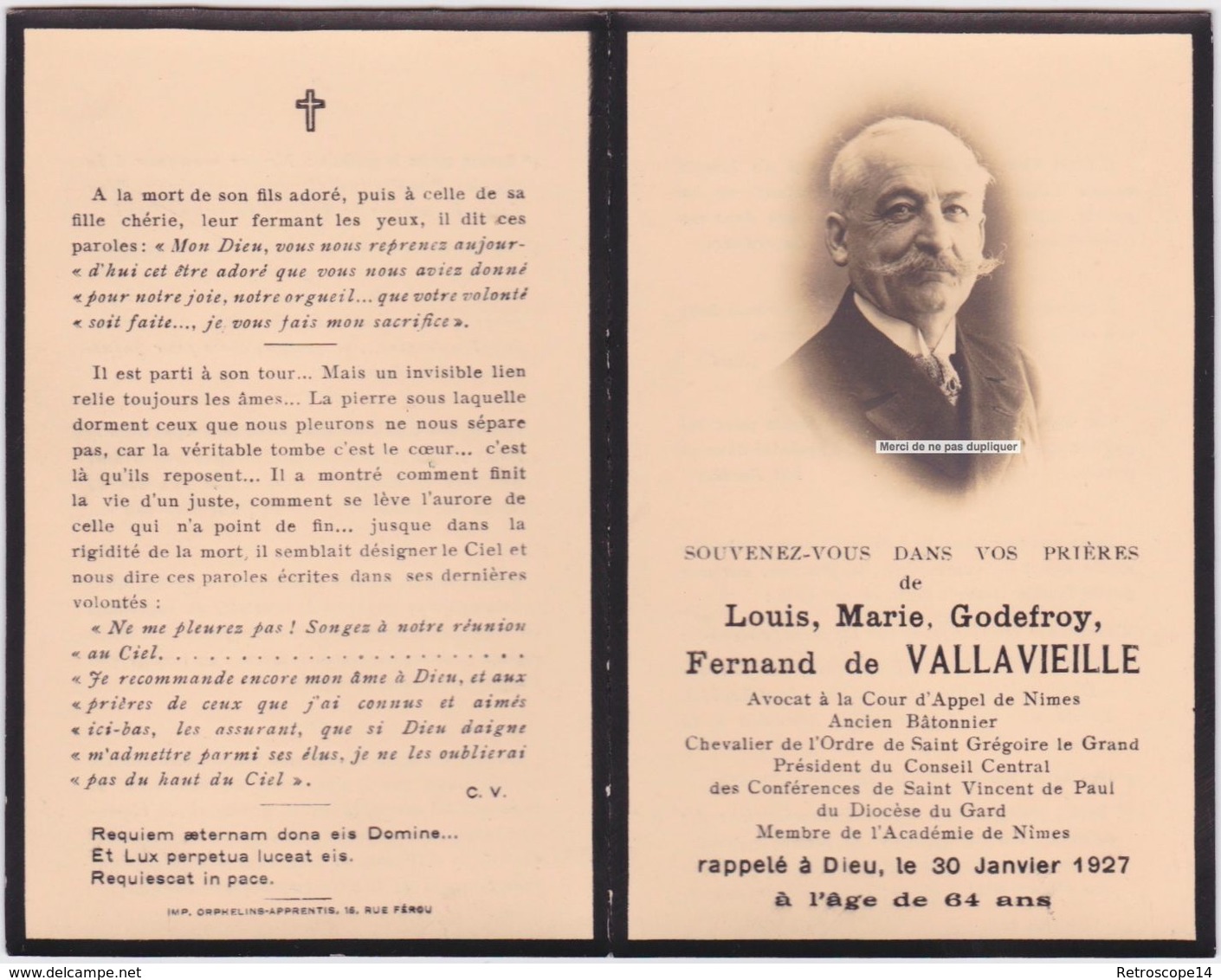 Faire-part Photo FERNAND DE VALLAVIEILLE. NIMES. Avocat, Saint Vincent De Paul. Memento, Souvenir. - Obituary Notices