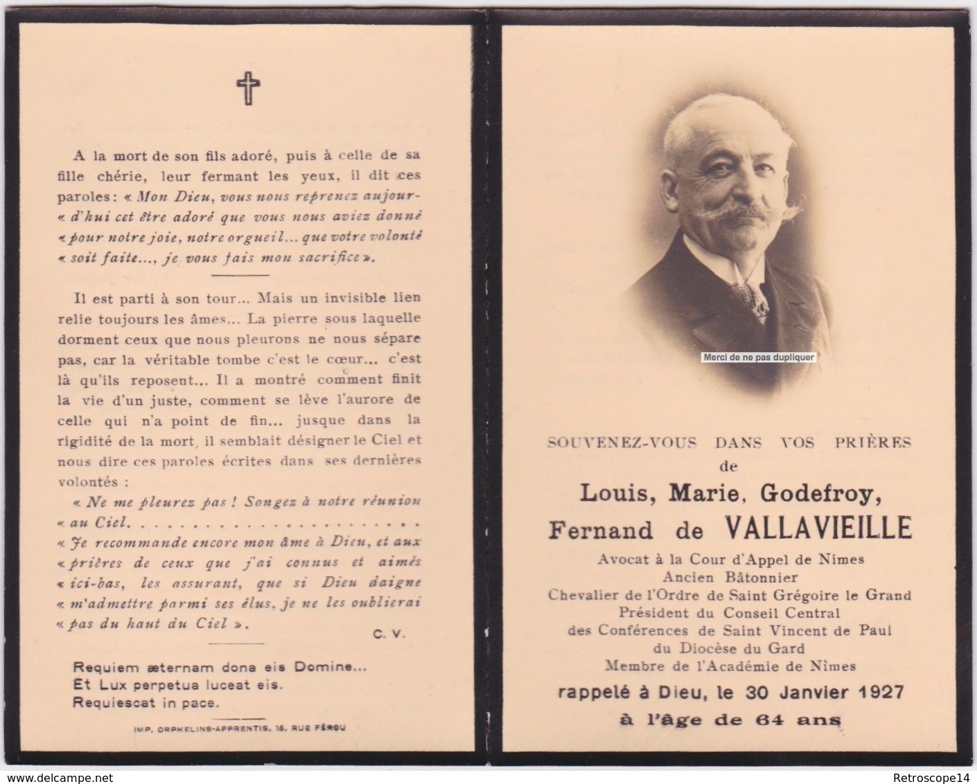 Faire-part Photo FERNAND DE VALLAVIEILLE. NIMES. Avocat, Saint Vincent De Paul. Memento, Souvenir. - Décès