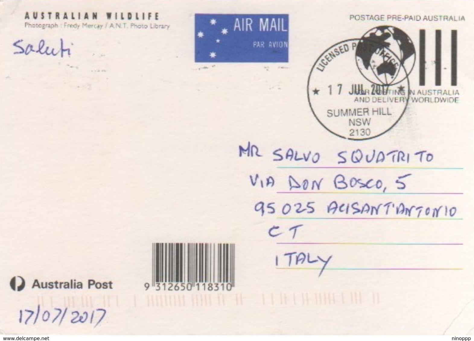 Australia 2017 Postally Used Maximum Card,sent To Italy,1992 Australain Wildlife,Common Brushtail Possum - Maximumkaarten