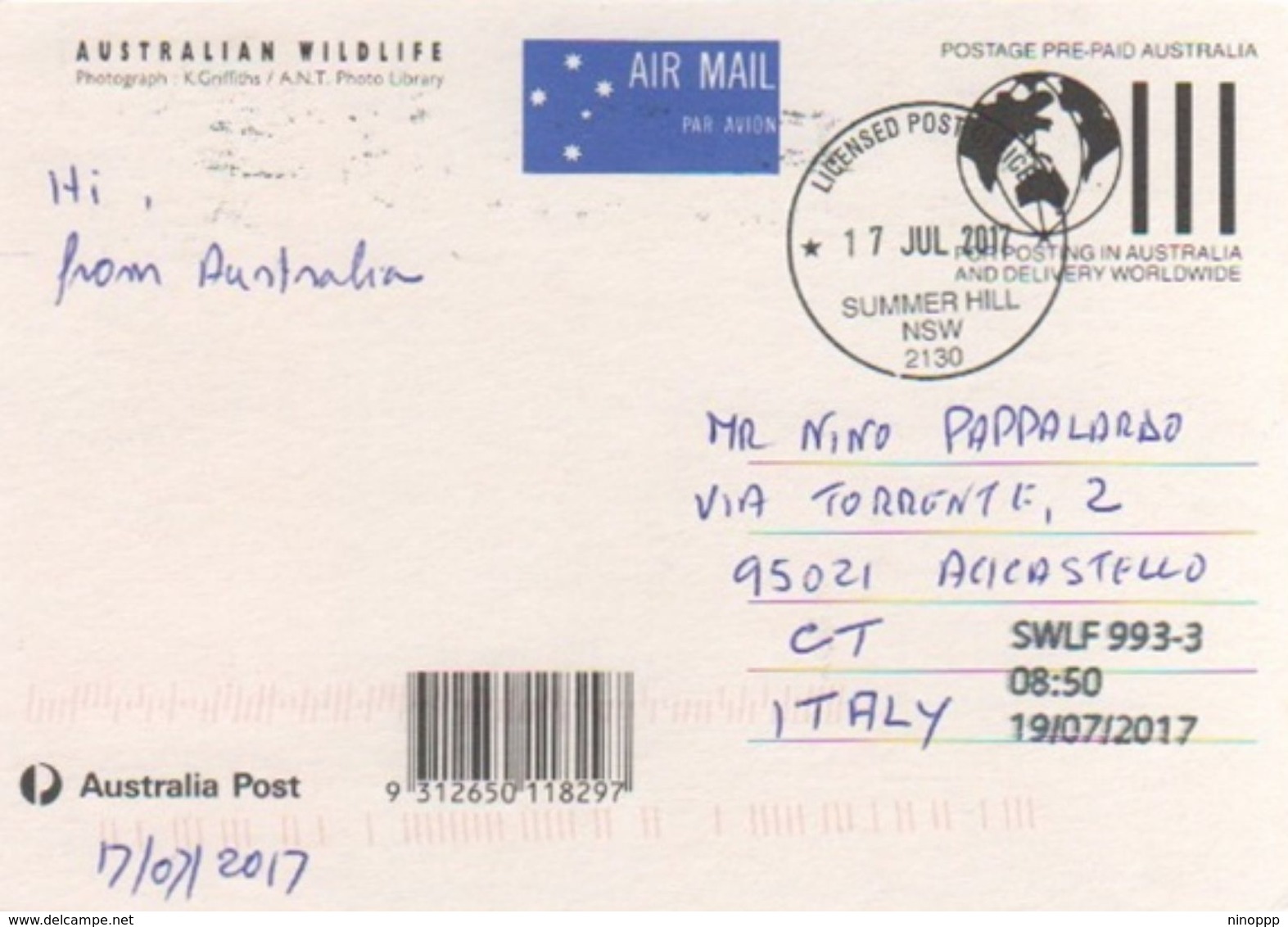 Australia 2017 Postally Used Maximum Card,sent To Italy,1992 Australian Wildlife,Echidna - Maximum Cards