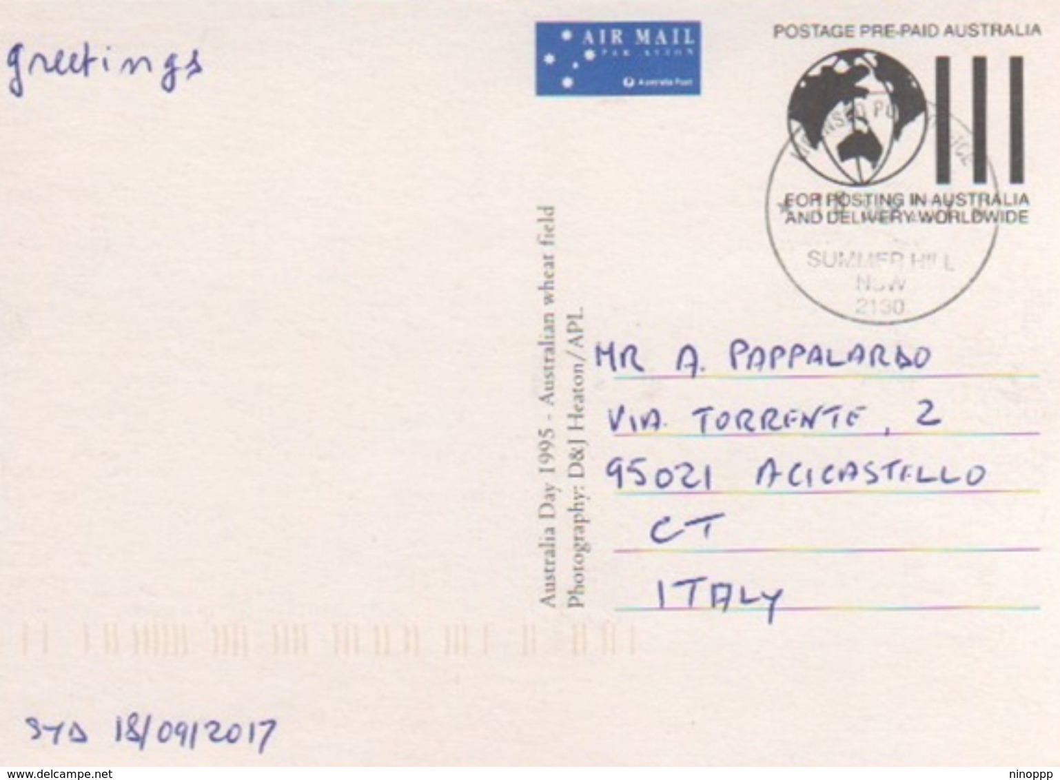 Australia 2017 Postally Used Maximum Card,sent To Italy,1995 Australia Day Kyte Flying - Cartoline Maximum