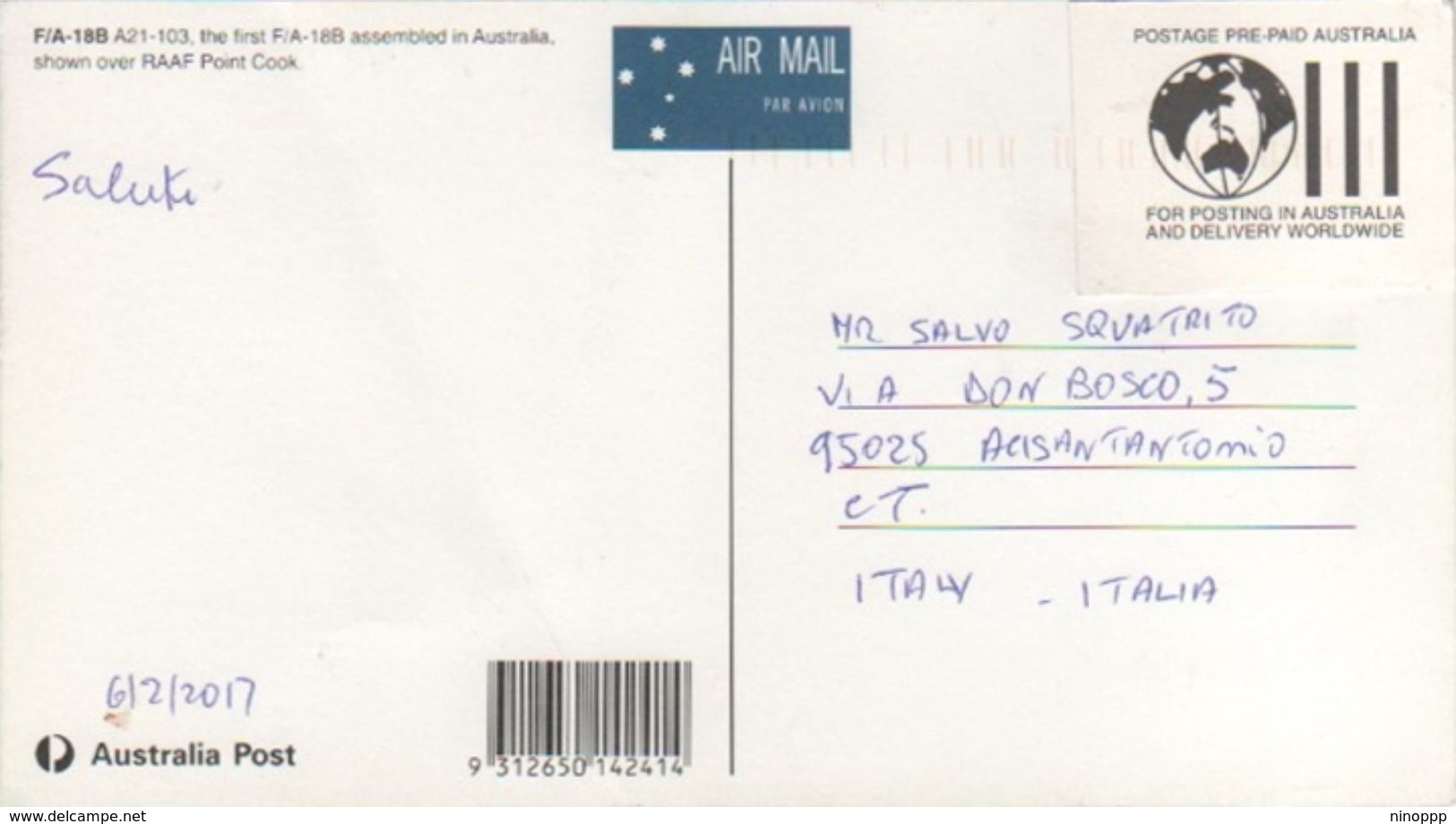 Australia 2017 Postally Used Postcard,F-A-18B,the First F-A Assembled In Australia ,folded - Postal Stationery