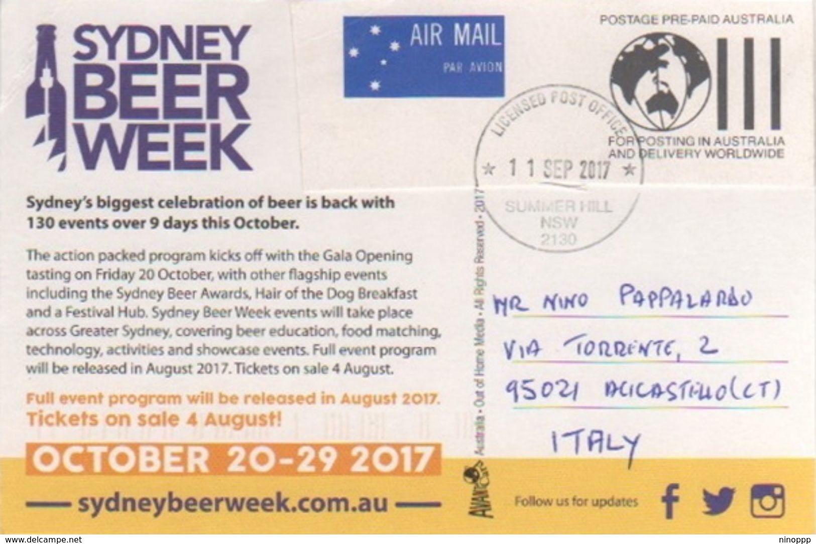 Australia 2017 Postally Used Postcard,sent To Italy,Sydney Beer Week - Ganzsachen