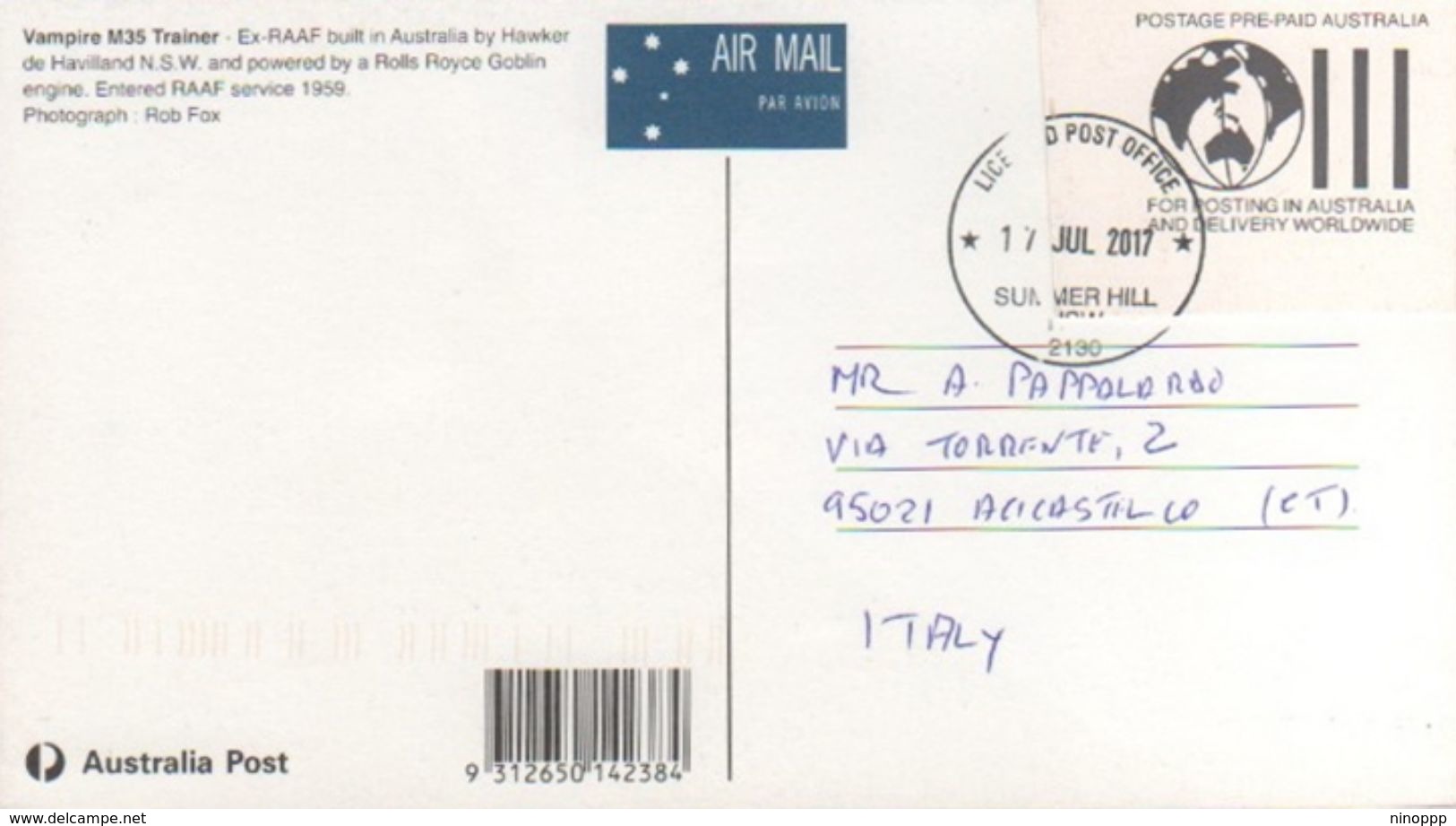 Australia 2017 Postally Used Postcard,Vampire M35 Trainer - Postal Stationery