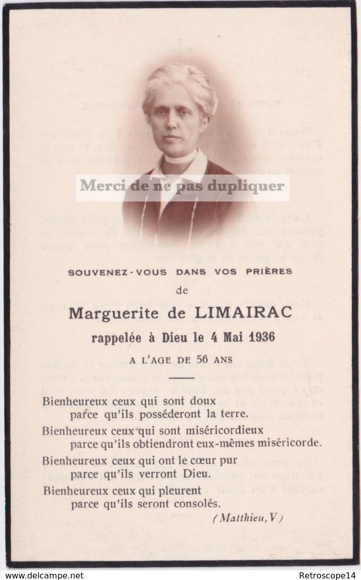 Faire-part Photo MARGUERITE DE LIMAIRAC. Nimes. Richard De Baumefort. Memento, Souvenir. - Décès