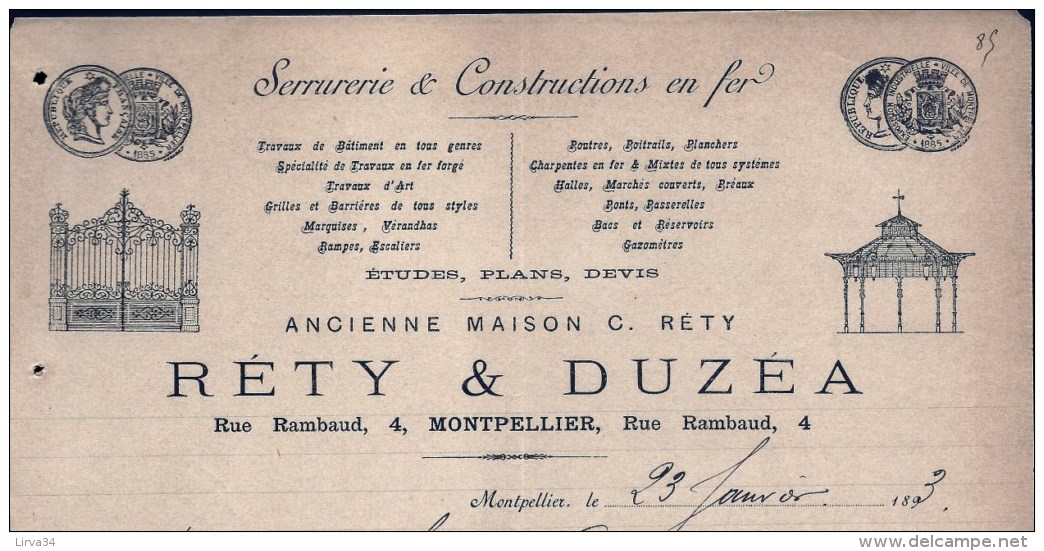 FACTURE OU LETTRE DU XIX° S. DE MONTPELLIER- 1893- PORTAILS EN FER- KIOSQUES A MUSIQUE- BELLE ILLUSTRATION- 2 SCANS- - Autres & Non Classés