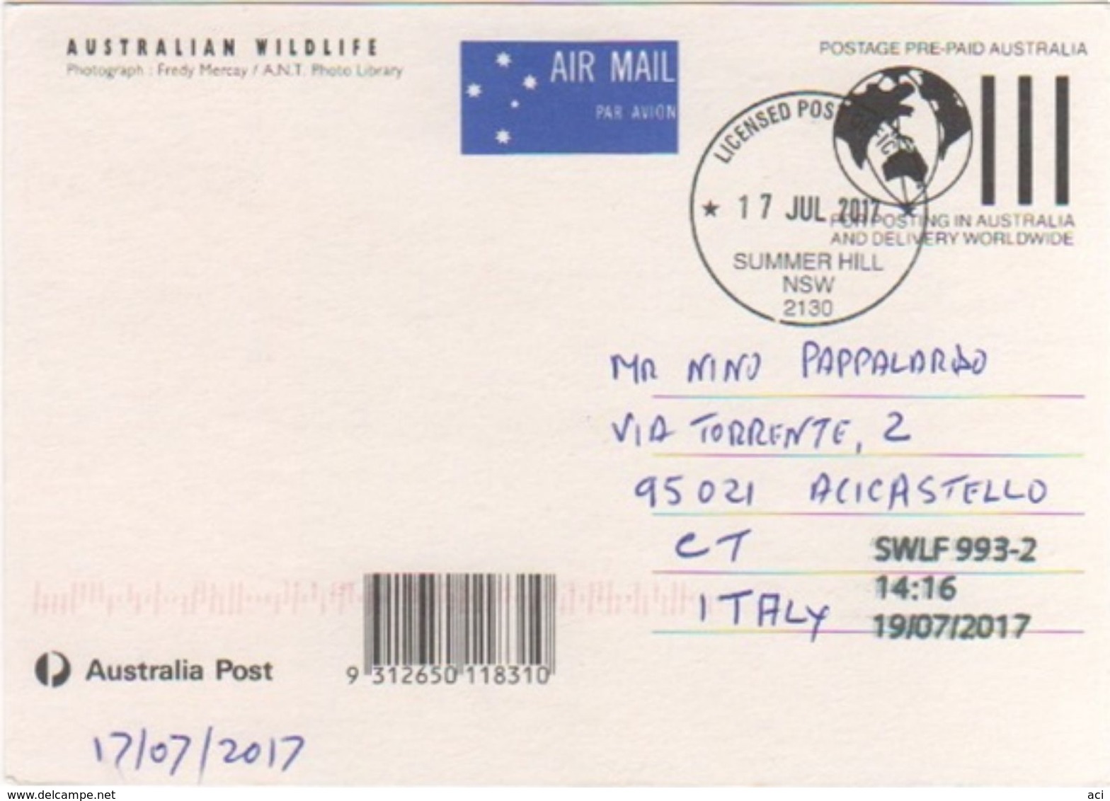 Australia 2017 Postally Used Maximum Card,sent To Italy,1992 Australain Wildlife,Common Brushtail Possum - Cartes-Maximum (CM)