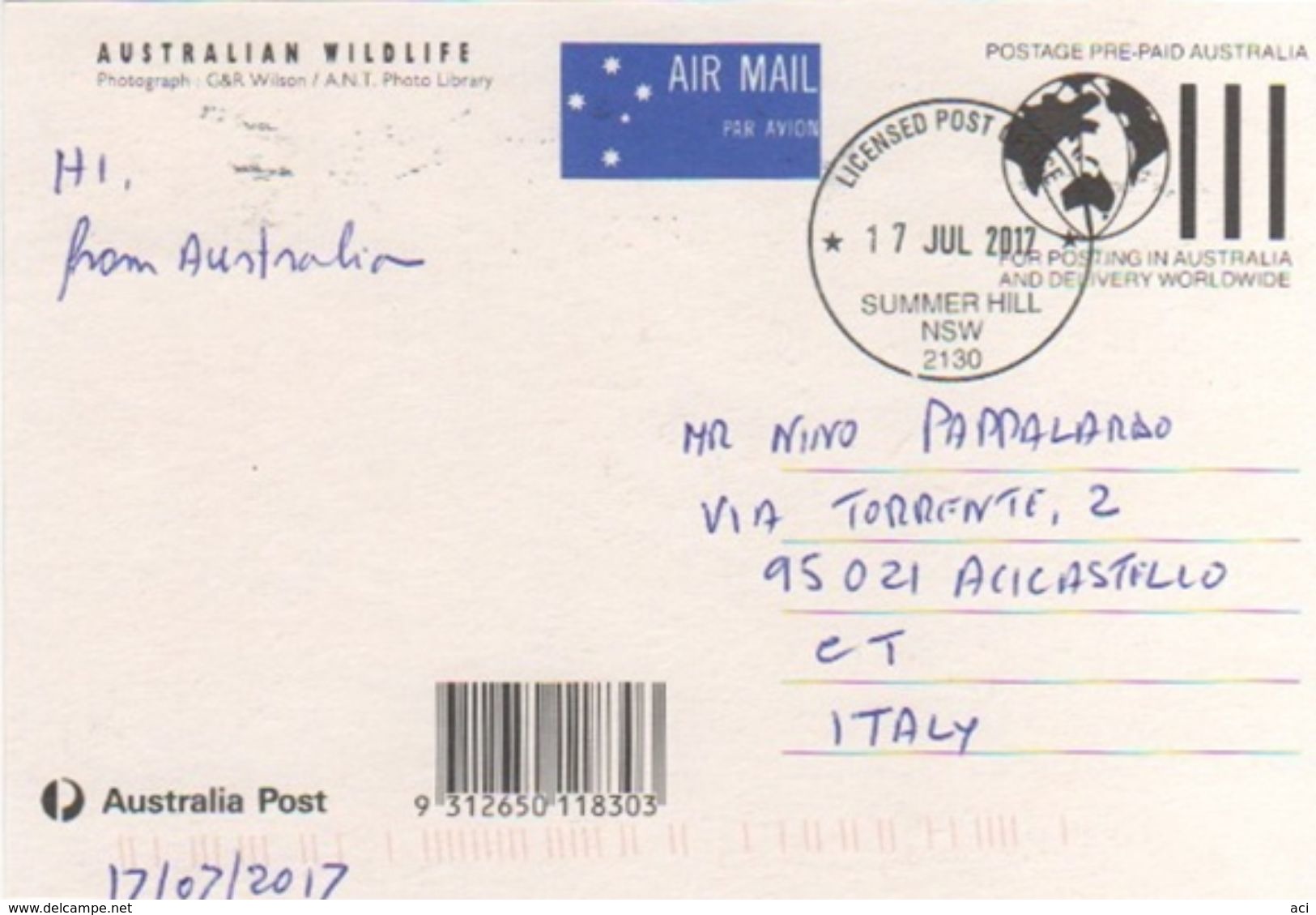 Australia 2017 Postally Used Maximum Card,sent To Italy,1992 Australain Wildlife,Koalat - Maximum Cards