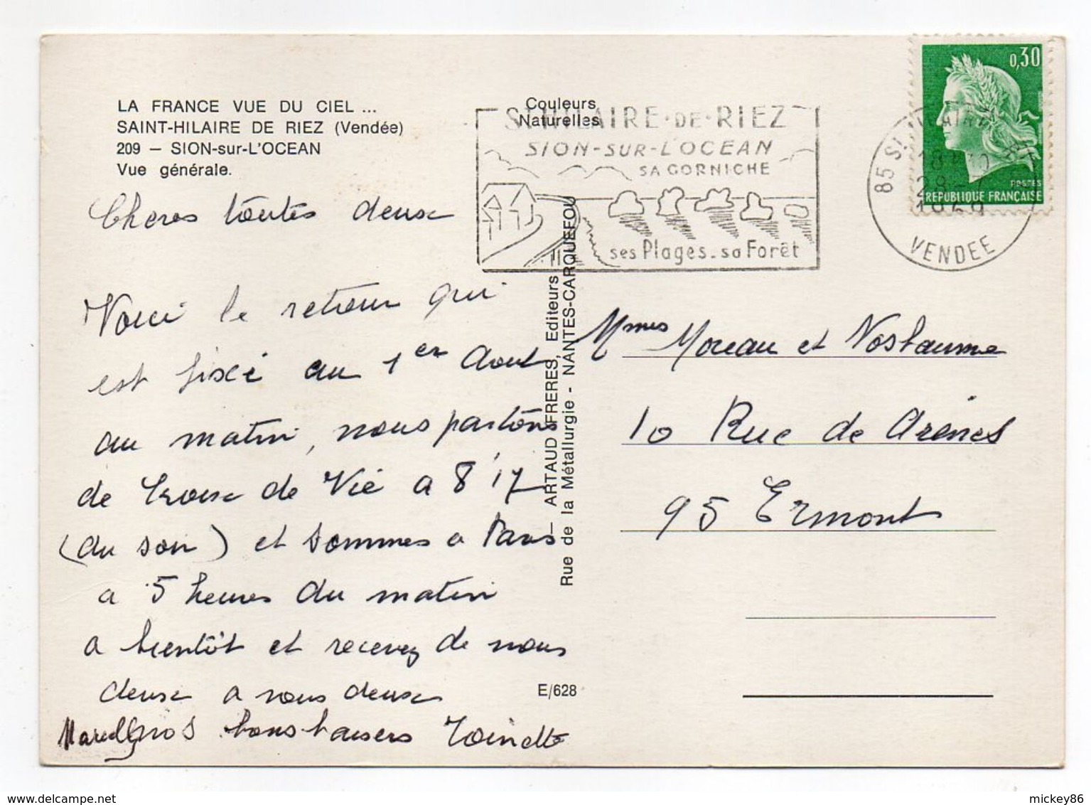 SAINT HILAIRE DE RIEZ --1969 --Sion Sur L'Océan --Vue Générale Aérienne --timbre - Cachet - Saint Hilaire De Riez