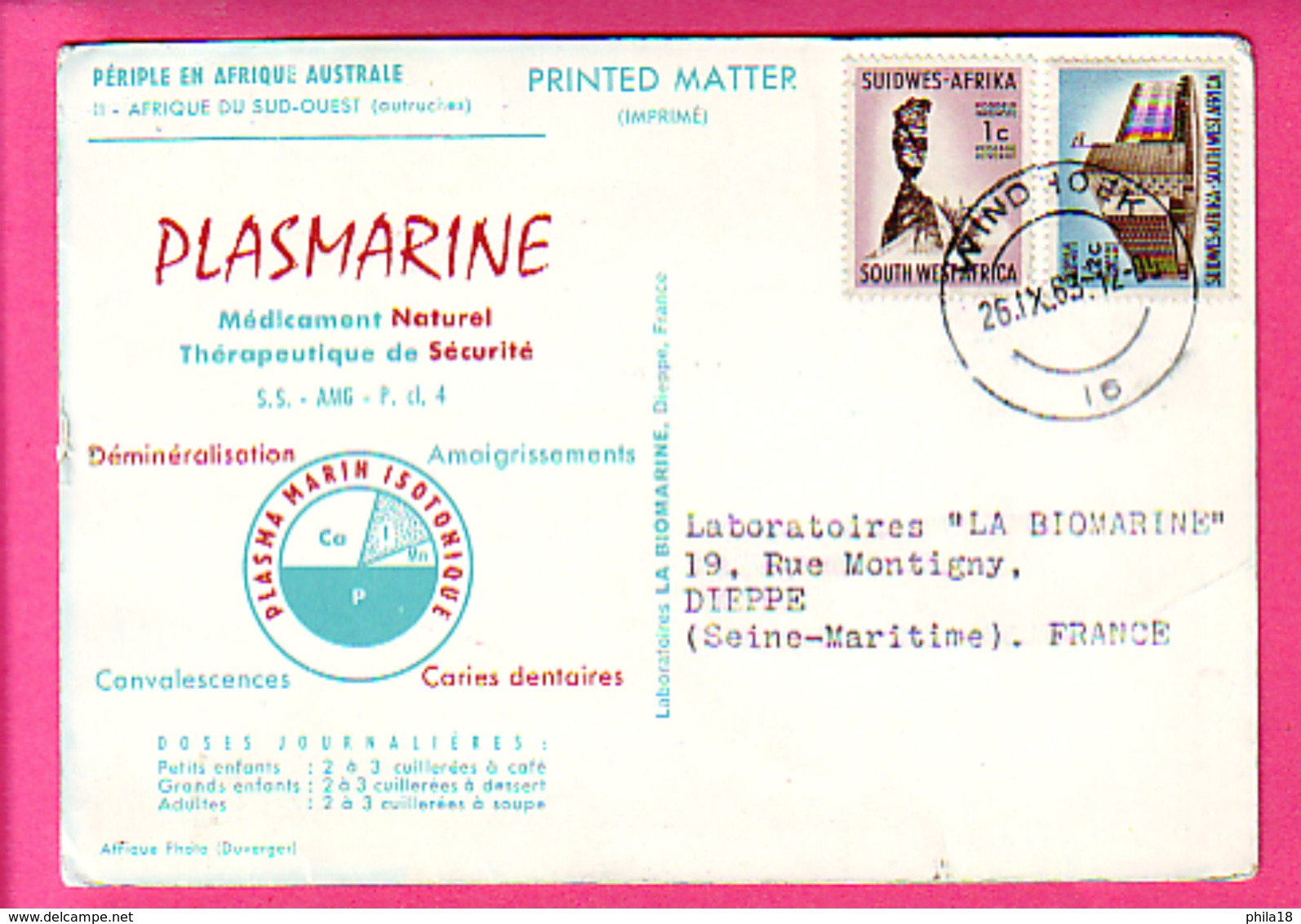 PERIPLE EN AFRIQUE DU SUD  PUB PLAMARINE SUR CARTE AUTRUCHES AVEC 2 TIMBRES SUIDWES AFRIKA ADRESSE A BIOMARINE - South Africa