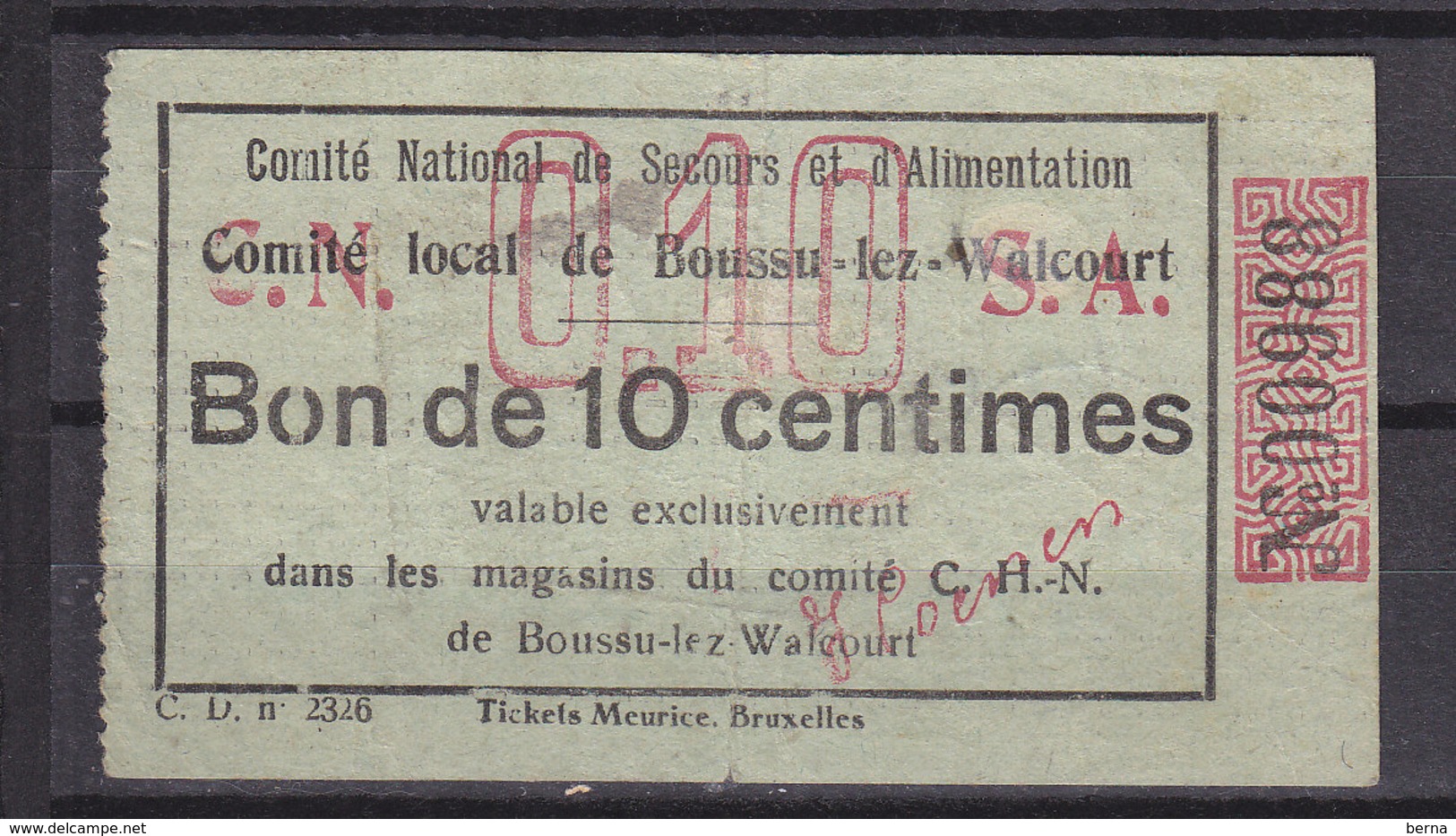 BELGIQUE BON DE 0.10FR DE BOUSSU LEZ WALCOURT - Documents Historiques