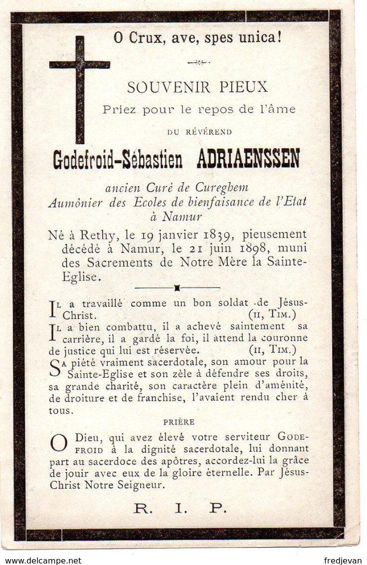 Godefroid-Sébastien Adriaenssen - Ancien Curé De Cureghem - 1839 / 1898 - Né A' Rethy - Images Religieuses