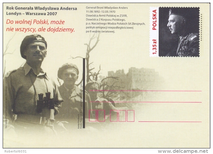 Poland 2007 Postal Stationery Postcard 1,35 Zl. General Wladislaw Anders Unposted - WW2 (II Guerra Mundial)