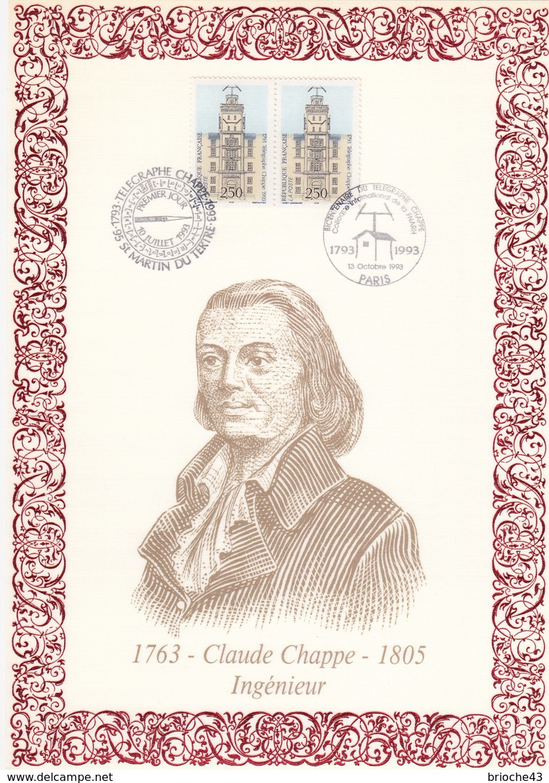 CLAUDE CHAPPE INGENIEUR 1763-1805 - GRAND ENCART ILLUSTRE ET OBLITERE SUR SOIE POUR LE BICENTENAIRE DU TELEGRAMME   /TBS - Post