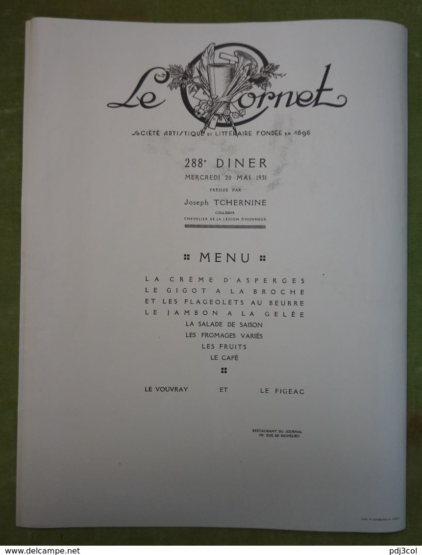 Grand Menu-288e Diner-Le Cornet -20 Mai 1931 Présidé Par Tchernine-Belle Illustration De Armand Segaud-femme Presque Nue - Menus